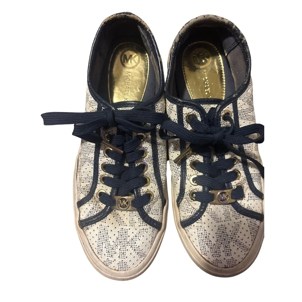 Michael Kors Womens Navy White Monogram Lace Up Sneakers Gold Hardware Size 6M